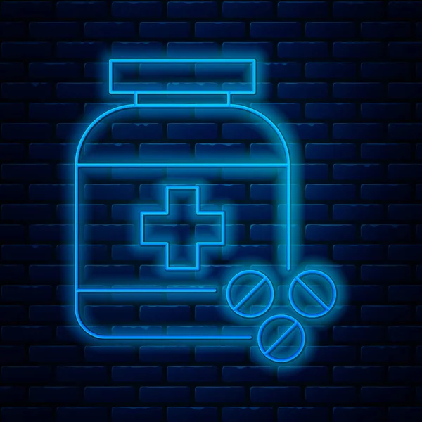 Linea neon incandescente bottiglia Medicina e pillole icona isolata su sfondo muro di mattoni. Segno della pillola della bottiglia. Design della farmacia. Illustrazione vettoriale — Vettoriale Stock
