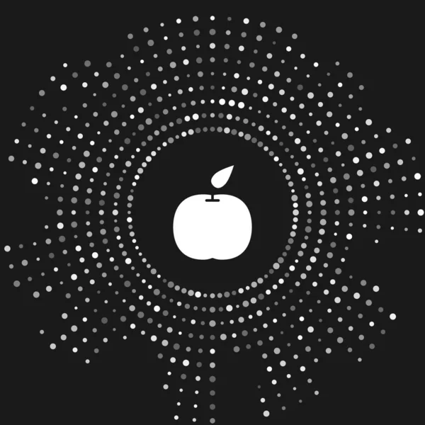 Icono blanco de Apple aislado sobre fondo gris. Fruta con símbolo de hoja. Puntos aleatorios de círculo abstracto. Ilustración vectorial — Vector de stock