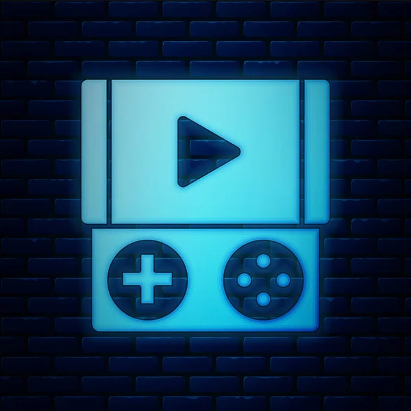 Lumineux néon Console de jeu vidéo portable icône isolée sur fond de mur de briques. Panneau de jeu. Concept de jeu. Illustration vectorielle — Image vectorielle