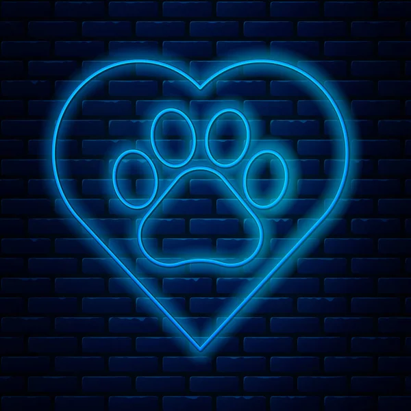 Glödande neon line Hjärta med djur fotavtryck ikon isolerad på tegel vägg bakgrund. Djurtass i hjärtat. Kärlek till djuren. Vektor Illustration — Stock vektor
