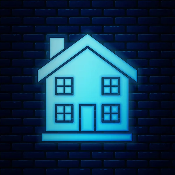 Glowing neon House icon isolated on brick wall background. Home symbol. Vector Illustration — Stock Vector