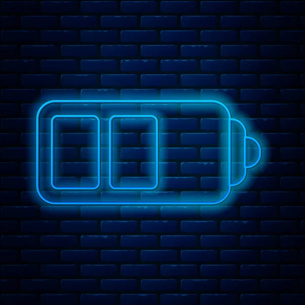 Linea al neon incandescente icona indicatore del livello di carica della batteria isolato su sfondo muro di mattoni. Illustrazione vettoriale — Vettoriale Stock