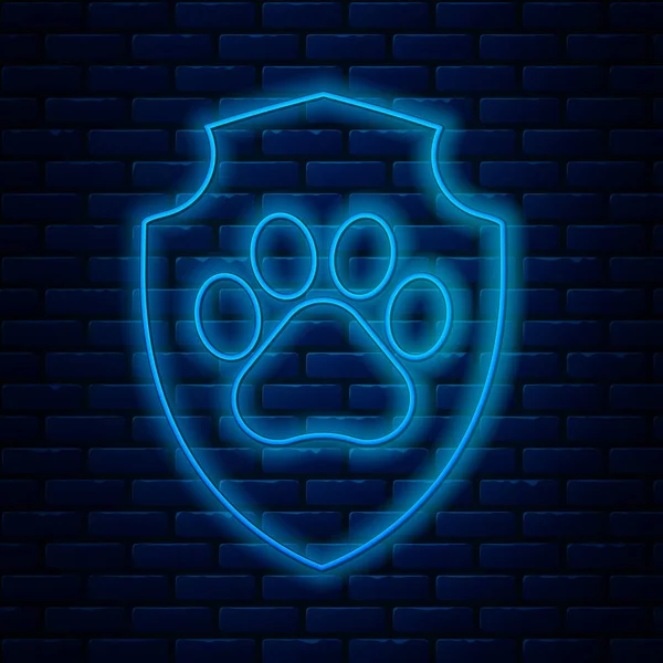 Glödande neon line Djursjukförsäkring ikon isolerad på tegelvägg bakgrund. Ikonen för djurskydd. Hund- eller katttassavtryck. Vektor Illustration — Stock vektor