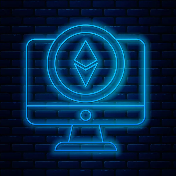 Leuchtender Neon-Line-Monitor und Kryptowährungs-Coin-Ethereum-Symbol isoliert auf Backsteinmauer Hintergrund. Altmünzsymbol. Blockchain-basierte sichere Kryptowährung. Vektorillustration — Stockvektor