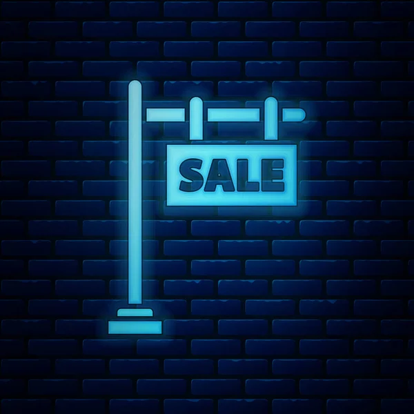 Glödande neon Hängande skylt med text Försäljning ikon isolerad på tegel vägg bakgrund. Skylt med text Försäljning. Vektor Illustration — Stock vektor