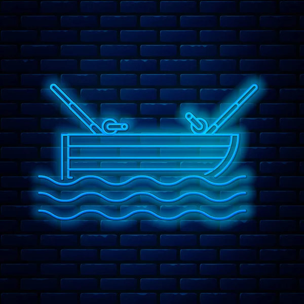 Ragyogó neon vonal Horgászhajó horgászbottal a víz ikon elszigetelt téglafal háttér. Vektorillusztráció — Stock Vector