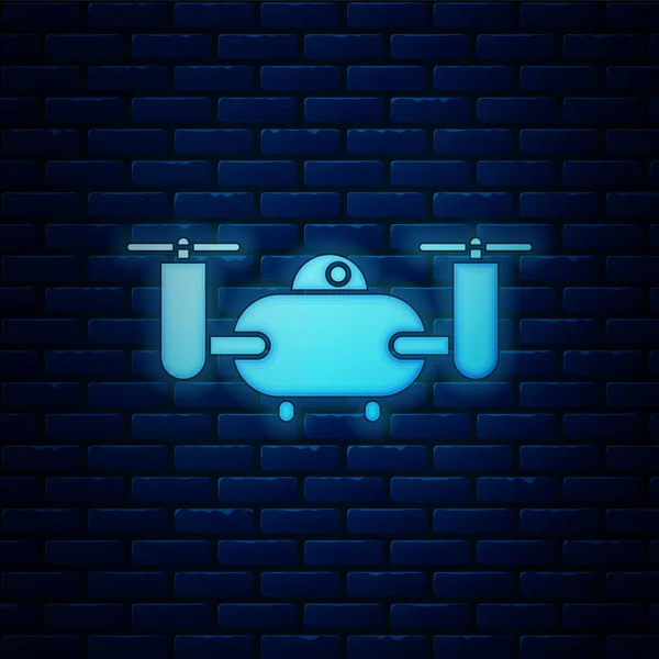 Glowing neon Drone flying with action video camera icon isolated on brick wall background. Quadrocopter with video and photo camera symbol. Vector Illustration — Stock Vector