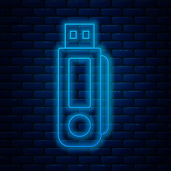 Icono de unidad flash USB de línea de neón brillante aislado en el fondo de pared de ladrillo. Ilustración vectorial — Vector de stock