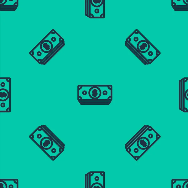 Línea azul Pila de papel moneda efectivo icono aislado patrón sin costura sobre fondo verde. Billetes de dinero apilados. Billetes. Ilustración vectorial — Archivo Imágenes Vectoriales