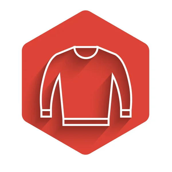 Jersey de línea blanca aislado con sombra larga. Icono del jersey. Botón de hexágono rojo. Ilustración vectorial — Vector de stock