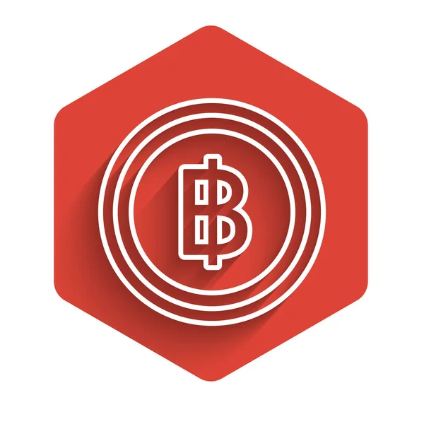 Ligne blanche Crypto-monnaie pièce icône Bitcoin isolé avec une ombre longue. Technologie blockchain, Bitcoin, marché monétaire numérique, portefeuille cryptocoin. Bouton hexagonal rouge. Illustration vectorielle — Image vectorielle