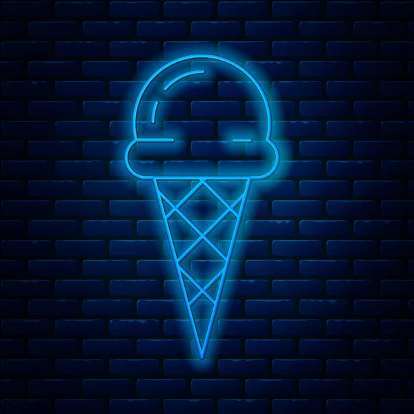 Glödande neon linje glass i våffla kon ikon isolerad på tegel vägg bakgrund. Söt symbol. Vektor Illustration — Stock vektor