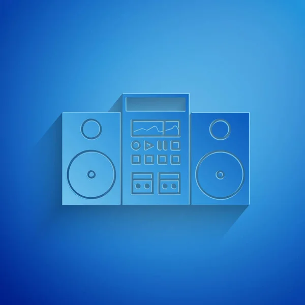 Corte de papel Estéreo casero con dos altavoces icono aislado sobre fondo azul. Sistema de música. Estilo de arte de papel. Ilustración vectorial — Vector de stock