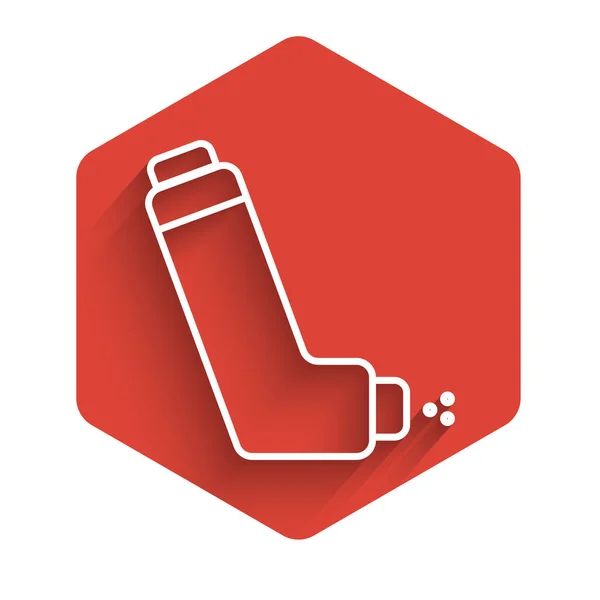 Beyaz çizgi astım ikonu uzun gölgeli izole edilmiş. Öksürük şurubu, solunum, alerjik hasta. Tıbbi alerji astım spreyi. Kırmızı altıgen düğmesi. Vektör İllüstrasyonu