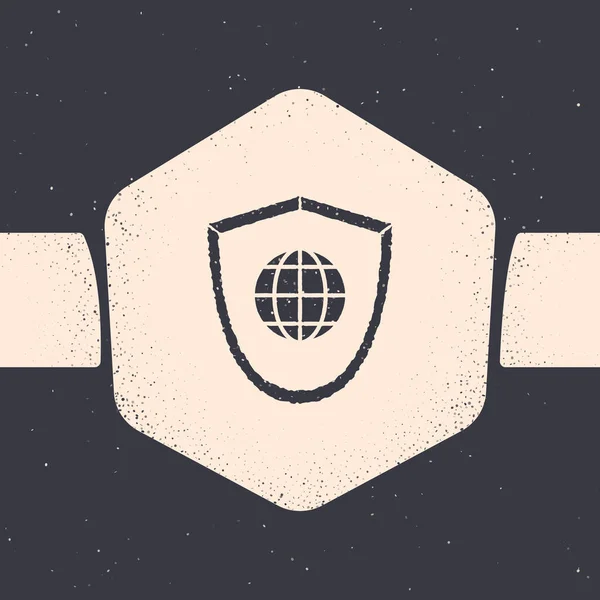 Grunge Shield con icono del globo terráqueo aislado sobre fondo gris. Seguridad, seguridad, protección, concepto de privacidad. Dibujo vintage monocromo. Ilustración vectorial — Vector de stock