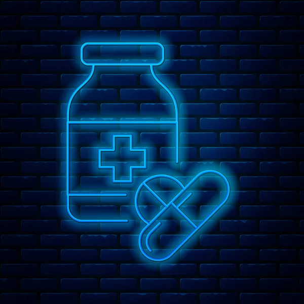 Lumineux néon ligne bouteille de médecine et pilules icône isolée sur fond de mur de brique. Signe de pilule. Conception de pharmacie. Illustration vectorielle — Image vectorielle