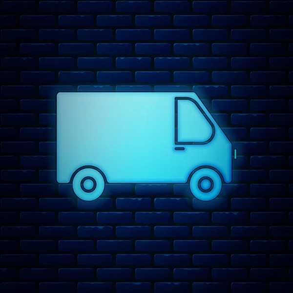 Brillante neón entrega camión de carga icono del vehículo aislado en el fondo de la pared de ladrillo. Ilustración vectorial — Vector de stock