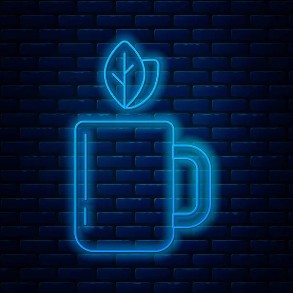 Brillante línea de neón taza de té y hoja icono aislado en el fondo de la pared de ladrillo. Ilustración vectorial — Vector de stock