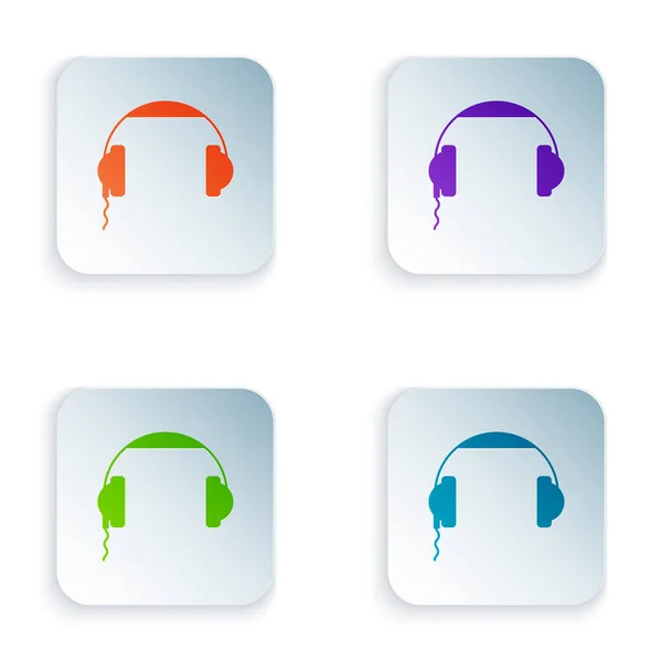 Εικόνα χρωμάτων ακουστικών που απομονώνεται σε λευκό φόντο. Τα ακουστικά υπογράφουν. Έννοια για ακρόαση μουσικής, υπηρεσιών, επικοινωνίας και χειριστή. Ορισμός εικονίδια σε πολύχρωμα τετράγωνα κουμπιά. Εικονογράφηση διανύσματος — Διανυσματικό Αρχείο