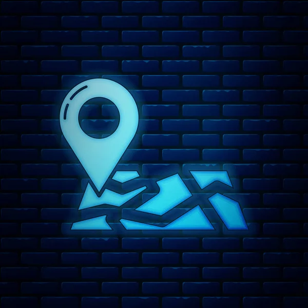 Parlayan neon kaplı harita, tuğla duvar arka planında izole edilmiş konum belirleyici simgesi. Vektör İllüstrasyonu