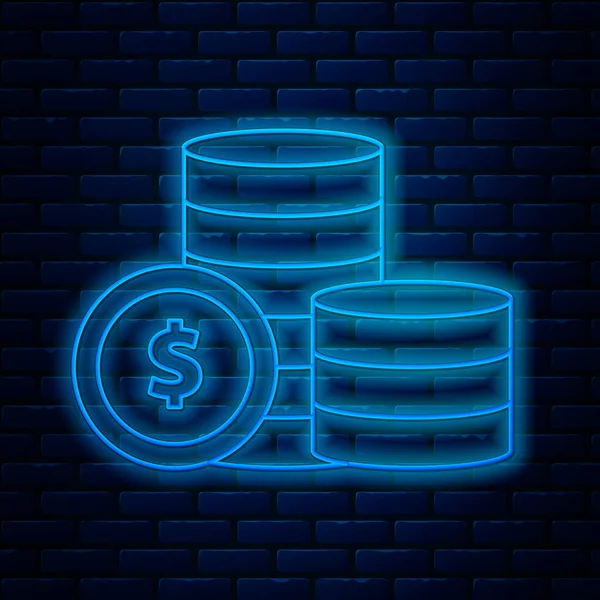 Linha de néon brilhante Moeda dinheiro com símbolo de dólar ícone isolado no fundo da parede de tijolo. Sinal de moeda bancária. Símbolo. Ilustração vetorial — Vetor de Stock