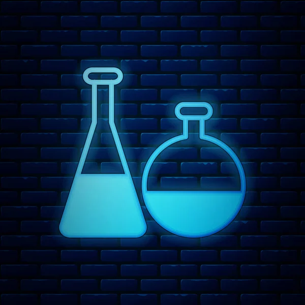 Glowing neon Test tube and flask chemical laboratory test icon isolated on brick wall background. Laboratory glassware sign. Vector Illustration — Stock Vector