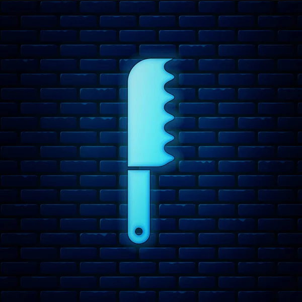 Icono brillante cuchillo de pan de neón aislado en el fondo de la pared de ladrillo. Símbolo de cubertería. Ilustración vectorial — Archivo Imágenes Vectoriales