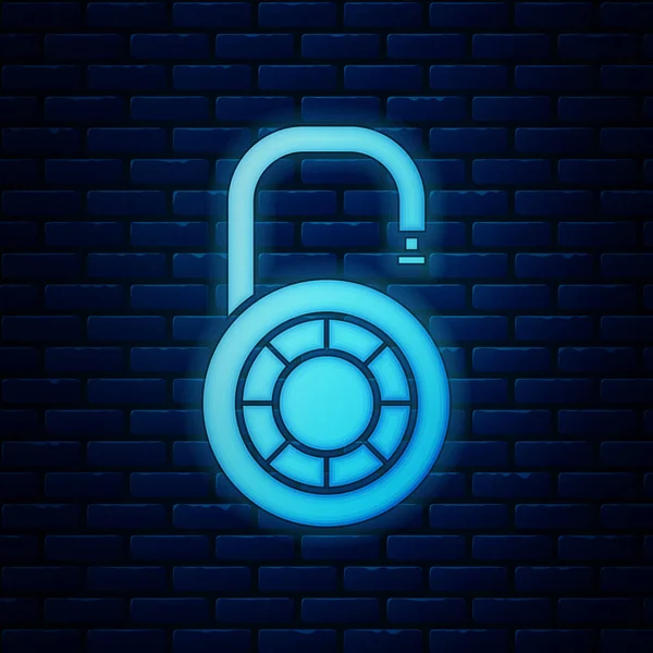 Glödande neon Säker kombination lås hjul ikon isolerad på tegel vägg bakgrund. Kombinationshänglås. Säkerhet, skydd, lösenord, sekretess. Vektor Illustration — Stock vektor