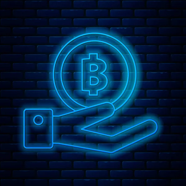 Linha de néon brilhante Mão segurando o ícone Bitcoin isolado no fundo da parede de tijolo. Tecnologia Blockchain, mercado monetário digital, carteira cryptocoin. Ilustração vetorial —  Vetores de Stock
