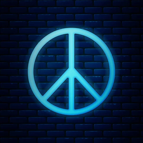 Gloeiende neon Peace icoon geïsoleerd op bakstenen muur achtergrond. Hippie symbool van vrede. Vector Illustratie — Stockvector