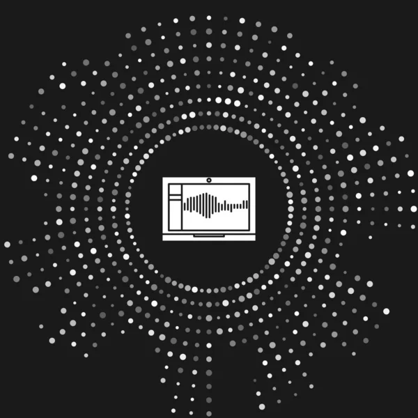 Blanc Enregistreur sonore ou audio ou logiciel de montage sur icône d'ordinateur portable isolé sur fond gris. Cercle abstrait points aléatoires. Illustration vectorielle — Image vectorielle