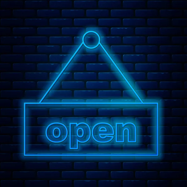 Parlayan neon çizgisi, duvarda izole edilmiş mesaj açık kapı simgesi asma tabelası. Vektör İllüstrasyonu — Stok Vektör