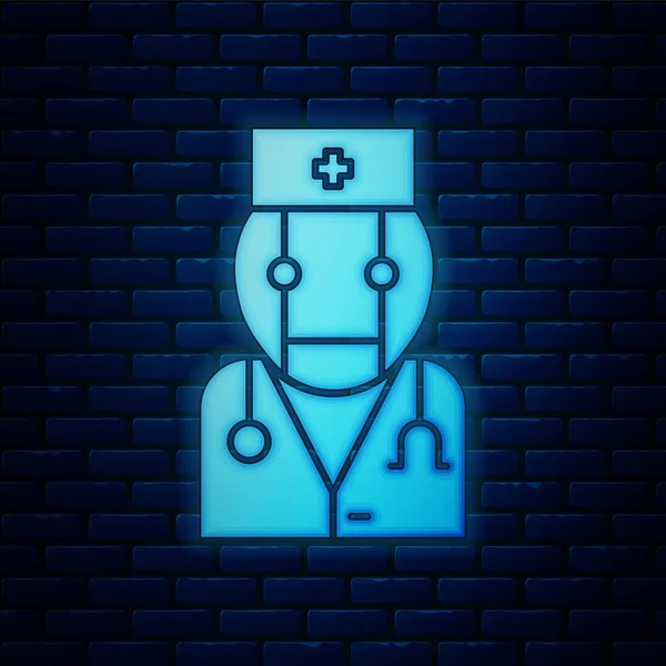 Parlayan neon robot doktor ikonu tuğla duvar arkasında izole edildi. Tıbbi online danışmanlık robot silueti yapay zeka. Vektör İllüstrasyonu — Stok Vektör