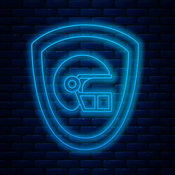 Zářící neonová linie Americká fotbalová helma a ikona štítu izolované na cihlové zdi pozadí. Vektorová ilustrace — Stockový vektor