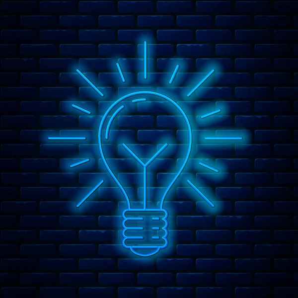 Linha de néon brilhante Lâmpada de luz com raios brilho e conceito de ícone ideia isolado no fundo da parede de tijolo. Símbolo de energia e ideia. Conceito de inspiração. Ilustração vetorial — Vetor de Stock