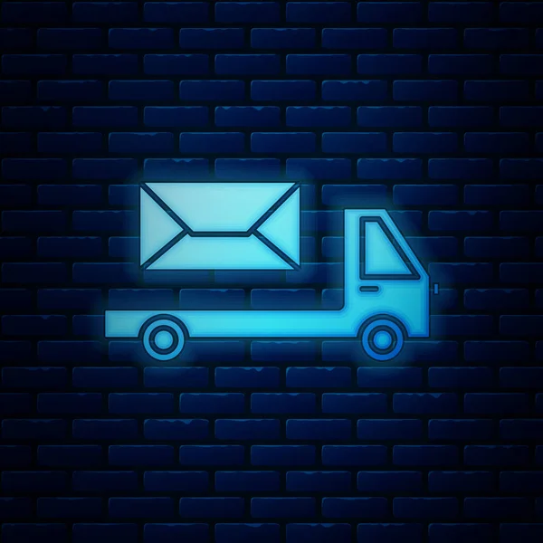 Brilhante neon Post caminhão ícone isolado no fundo da parede de tijolo. Carro do correio. Transporte de caminhões de veículos com envelope ou carta. Ilustração vetorial —  Vetores de Stock