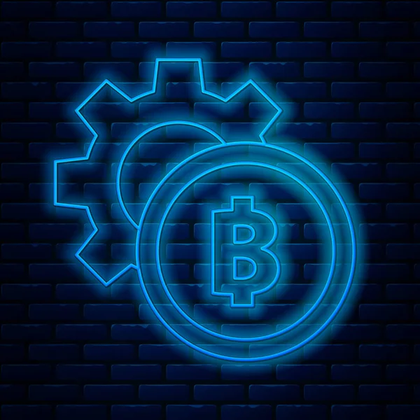 Świecące neon linii Kryptowaluta moneta Bitcoin ikona izolowane na tle cegły ściany. Ustawienie biegów i bitcoina. Zabezpieczona kryptowaluta oparta na blockchain. Ilustracja wektora — Wektor stockowy