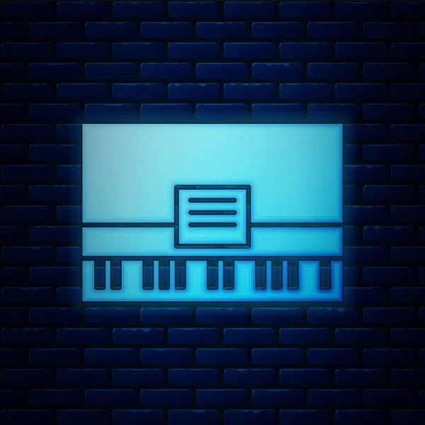 Icono de piano de neón brillante aislado en el fondo de la pared de ladrillo. Instrumento musical. Ilustración vectorial — Vector de stock