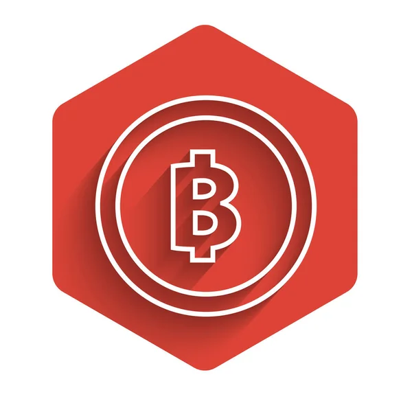 White line Cryptocurrency coin Bitcoin icon isolated with long shadow. Physical bit coin. Blockchain based secure crypto currency. Red hexagon button. Vector Illustration — Stock Vector