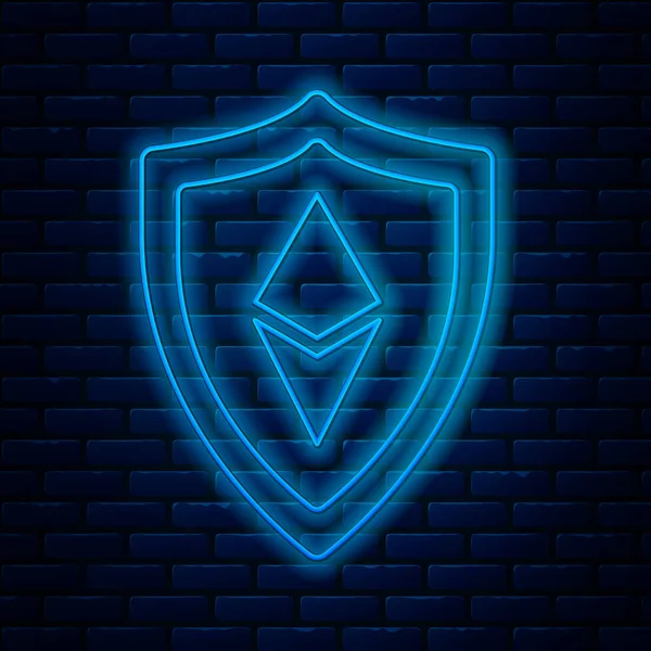 Brillante escudo de línea de neón Ethereum ETH icono aislado en el fondo de la pared de ladrillo. Minería criptomoneda, tecnología blockchain, seguridad, protección, dinero digital. Ilustración vectorial — Vector de stock