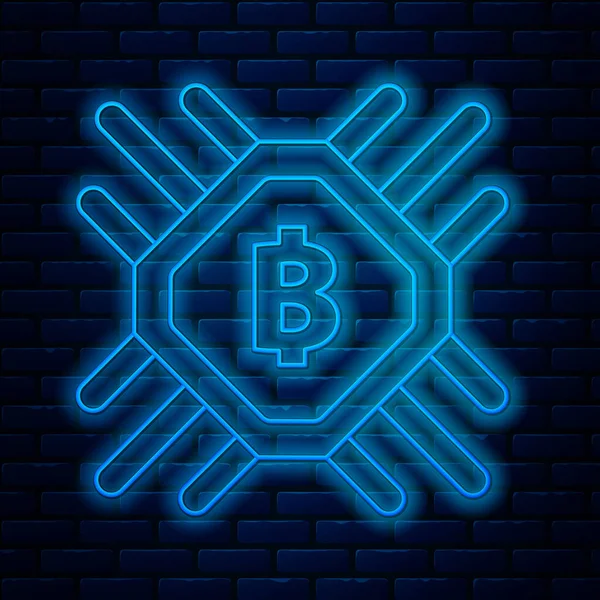 Glödande neon linje Cpu gruv gård ikon isolerad på tegelvägg bakgrund. Bitcoin-tecken inuti processorn. Cryptocurrency gruvsamhälle. Digitala pengar. Vektor Illustration — Stock vektor