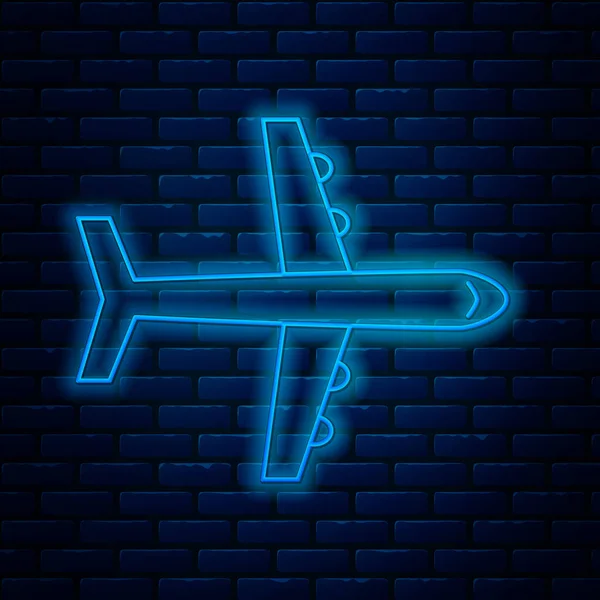 Linha de néon brilhante ícone de avião isolado no fundo da parede de tijolo. Ícone de avião voador. Sinal de avião. Ilustração vetorial — Vetor de Stock