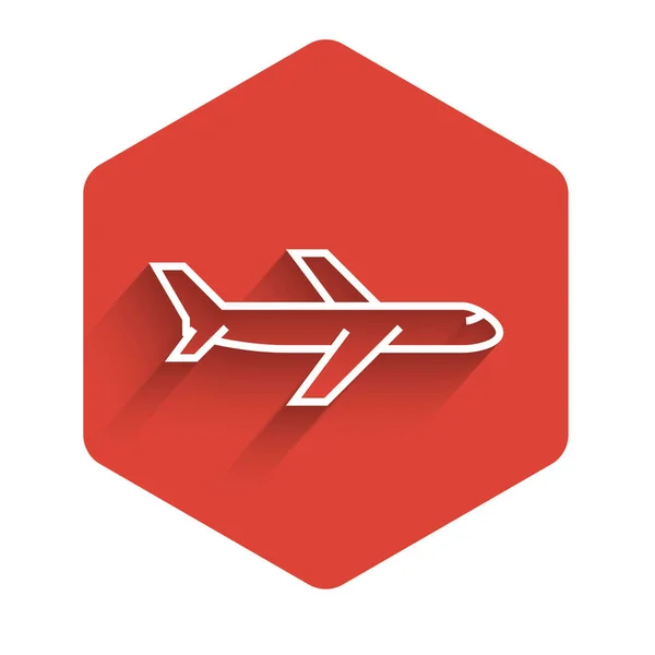 Beyaz çizgi düzlem simgesi uzun gölgeli izole edildi. Uçan uçak ikonu. Uçak tabelası. Kırmızı altıgen düğmesi. Vektör İllüstrasyonu — Stok Vektör
