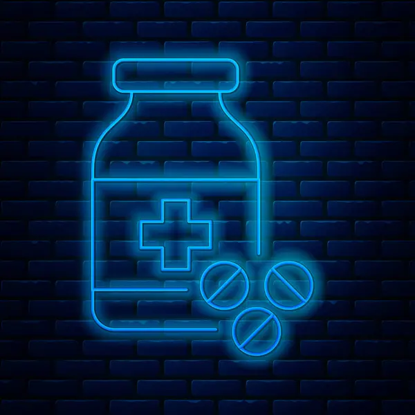 Gloeiende neon lijn Medicijn fles en pillen pictogram geïsoleerd op baksteen muur achtergrond. Flessenpil teken. Farmaceutisch ontwerp. Vector Illustratie — Stockvector