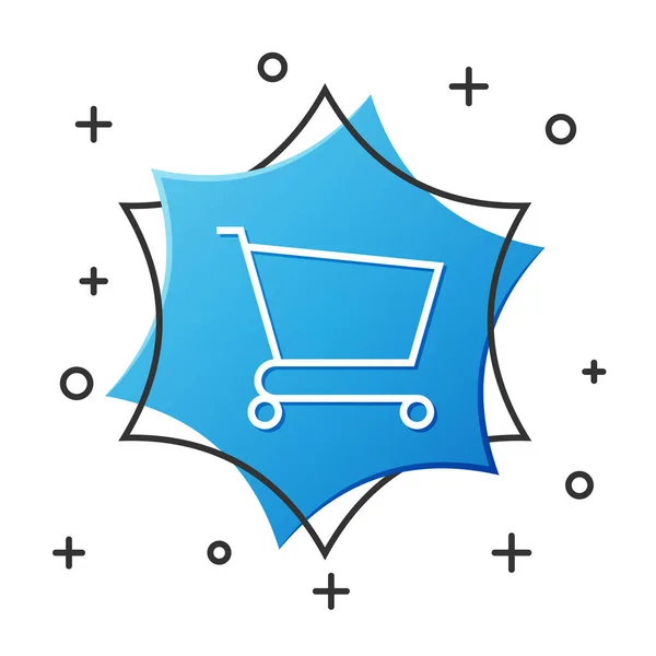 White line Shopping cart icon isolated on white background. Online buying concept. Delivery service sign. Supermarket basket symbol. Blue hexagon button. Vector Illustration — Stock Vector
