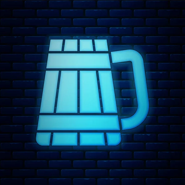 Glowing neon Wooden beer mug icon isolated on brick wall background. Vector Illustration — Stock Vector