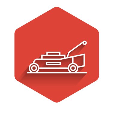 Beyaz çizgili çim biçme makinesi simgesi uzun gölgeli. Çim biçme makinesi çim biçiyor. Kırmızı altıgen düğmesi. Vektör İllüstrasyonu