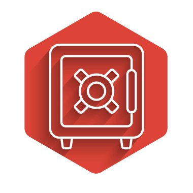 Beyaz çizgi güvenli simgesi uzun gölgeli. Kapı, şifreli bir banka kasası. Güvenilir Veri Koruma. Kırmızı altıgen düğmesi. Vektör İllüstrasyonu