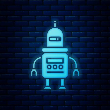 Parlayan neon robot simgesi tuğla duvar arka planında izole edildi. Vektör İllüstrasyonu