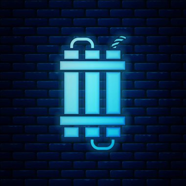 Parlayan neon patlayıcı bomba çubuğu ve duvar arkasında izole edilmiş zamanlayıcı ikonu. Saatli bomba - patlama tehlikesi kavramı. Vektör İllüstrasyonu